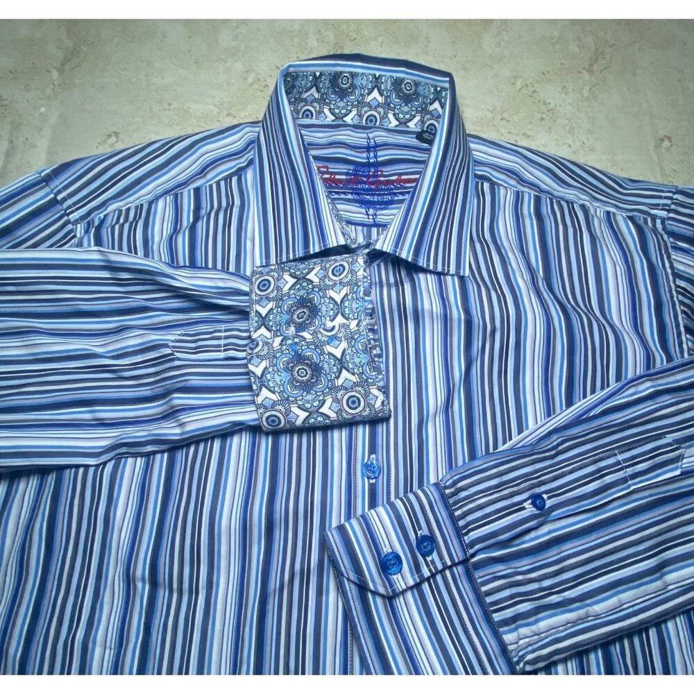 Robert Graham Mens Striped Long‎ Sleeve Shirt M 100% Cotton Blue & White Pattern